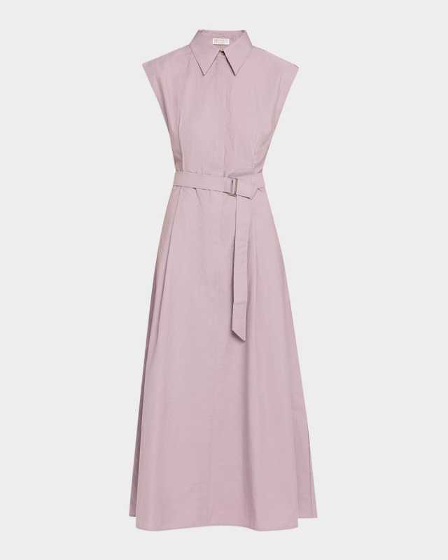Cap-Sleeve Belted Crispy Cotton Midi Shirtdress